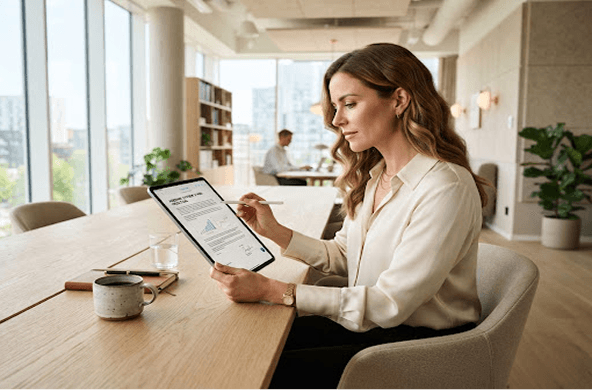 Reviewing SOW & Contract Terms on tablet