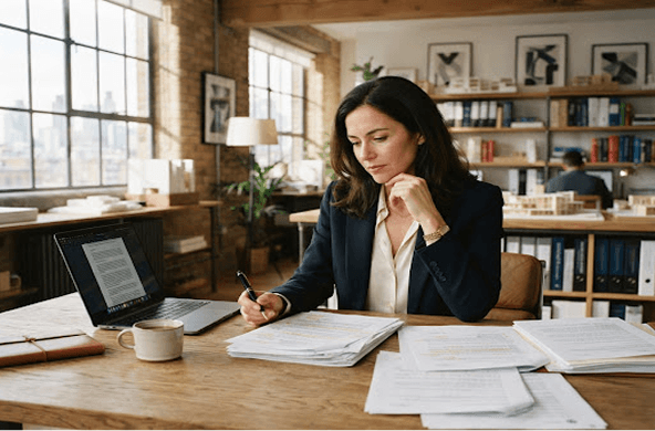 Independent professional reviewing governed contracts at desk