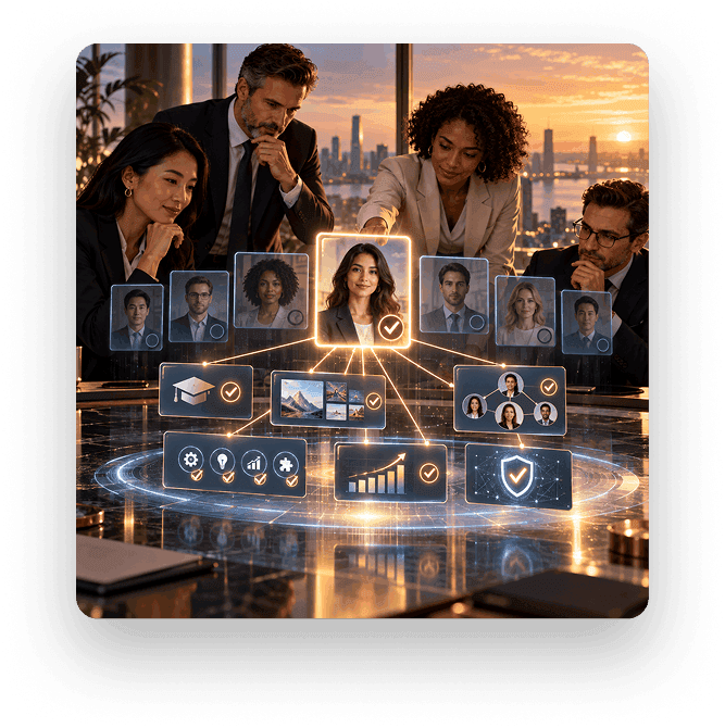 Find the right professional illustration showing verified profile network and fit analysis