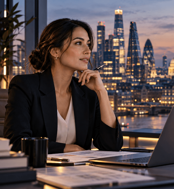Finance or legal professional at work overlooking city dusk
