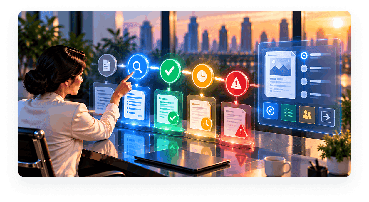 Application workspace interface showing status tracking across complete, pending, and ready stages