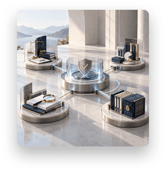 Access professional expertise with enterprise control illustration showing interconnected governance workstations and secure central shield