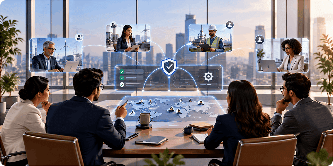 Built for the teams that govern external expertise showing board room meeting connected to global professional talent pool