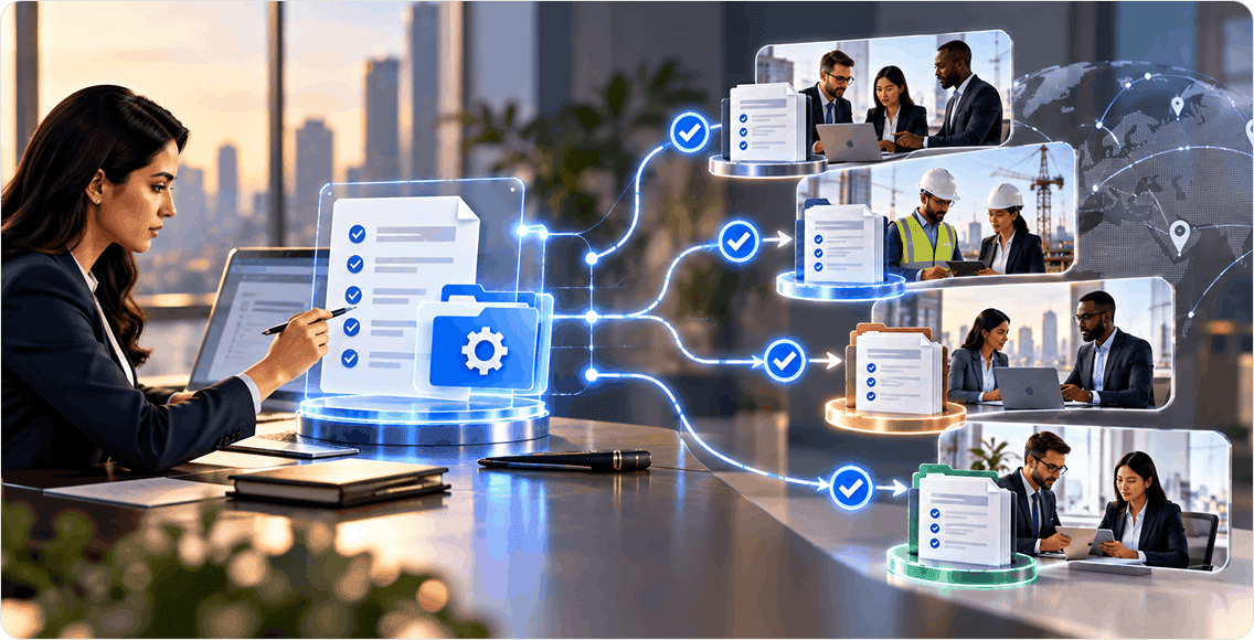 Policy profiles and eligibility interface illustration showing centralized requirements applied across multiple enterprise teams