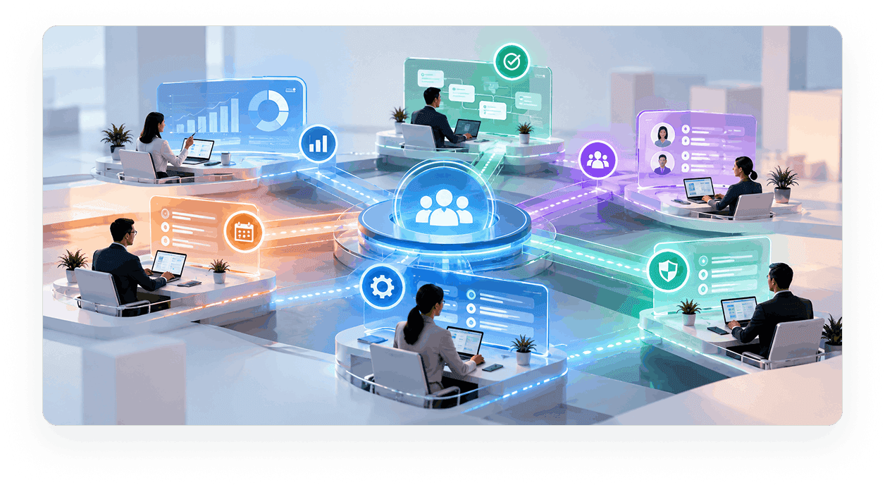Enterprise portfolio workspace illustration showing cross-team visibility, connected workstations, and centralized control hub