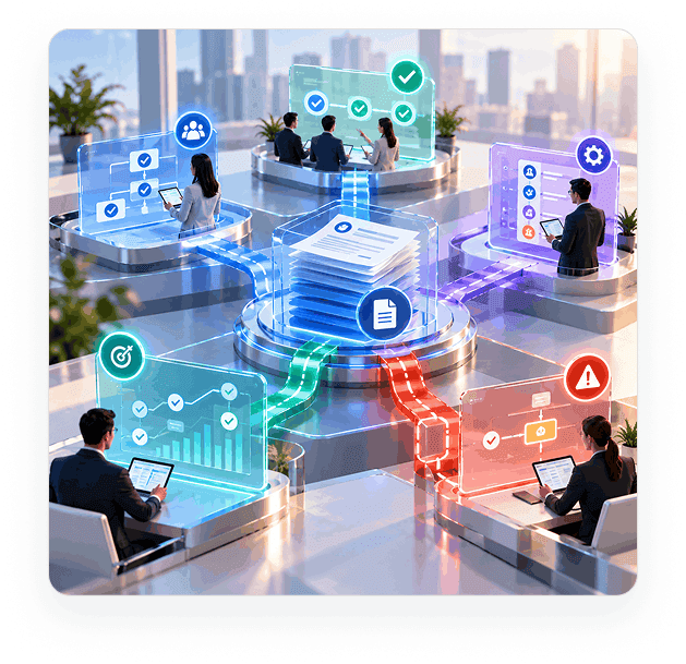 Exceptions, change and reapproval illustration showing workflow tracking, material change warnings, and policy routing