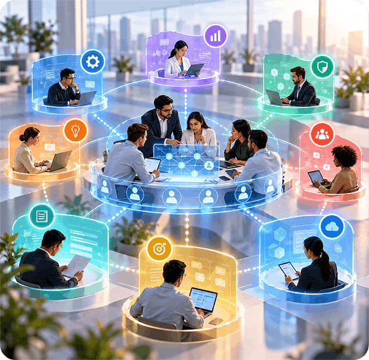Add specialist expertise without losing team clarity illustration showing collaborative workspaces and global talent network