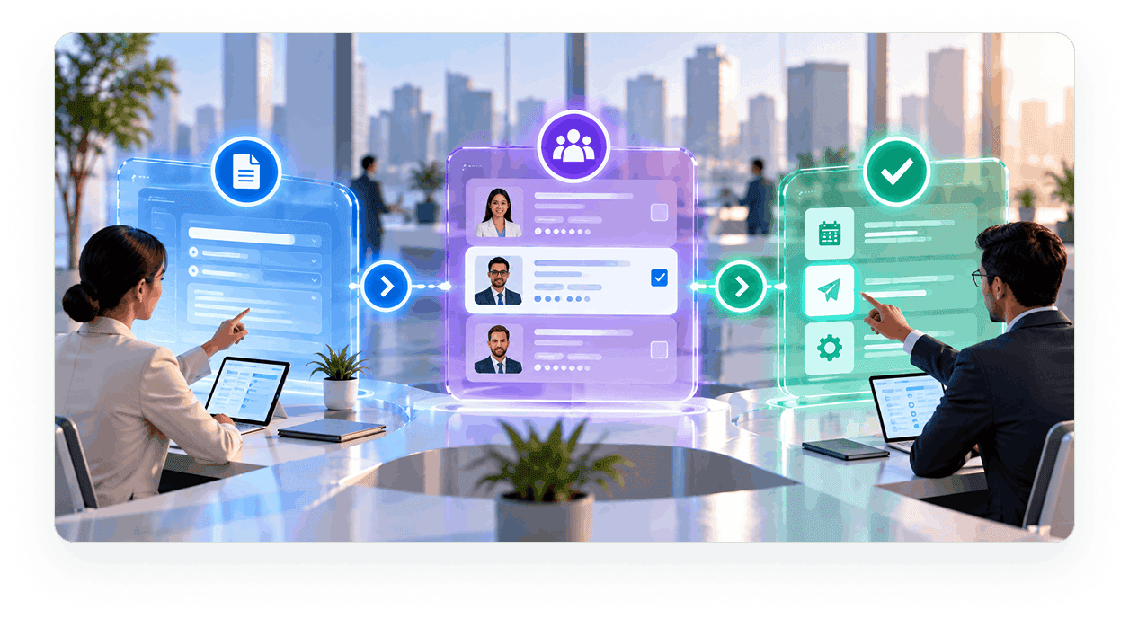Team sourcing workspace showing requirement, candidate shortlist, and next action interfaces