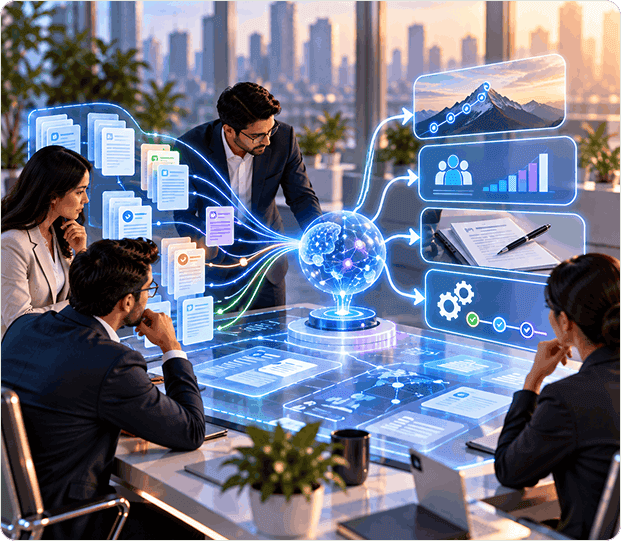 Responsible AI and explainability illustration showing human oversight over AI discovery and summaries